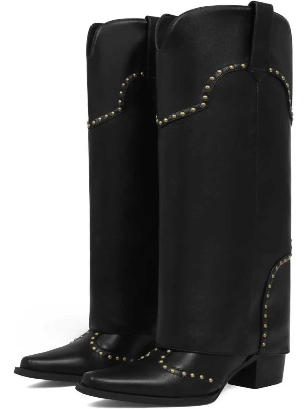 Women's Black Polyurethane (PU) Studded Fold Over Knee High Chunky Heel Boot